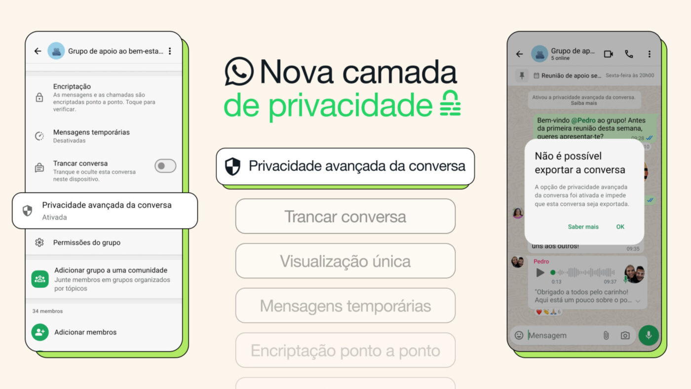 Ecrã de definições de uma conversa de grupo no WhatsApp a mostrar a nova funcionalidade “Privacidade Avançada da Conversa” ativada.